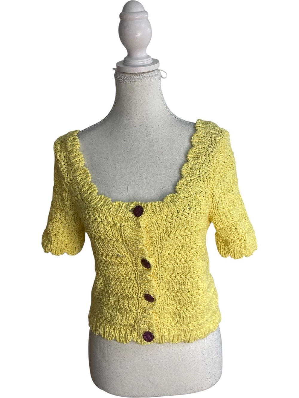 Zara Crochet Knit Short-Sleeve Button Cardigan Top Yellow